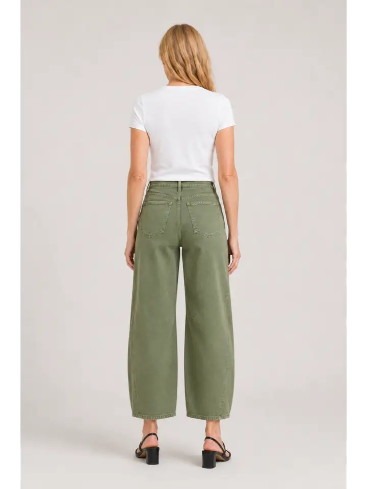 Elmore Horseshoe Barrel Jean, Washed Olive Green Denim