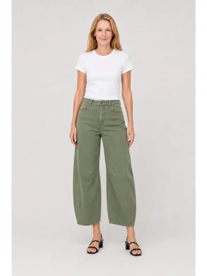 Elmore Horseshoe Barrel Jean, Washed Olive Green Denim