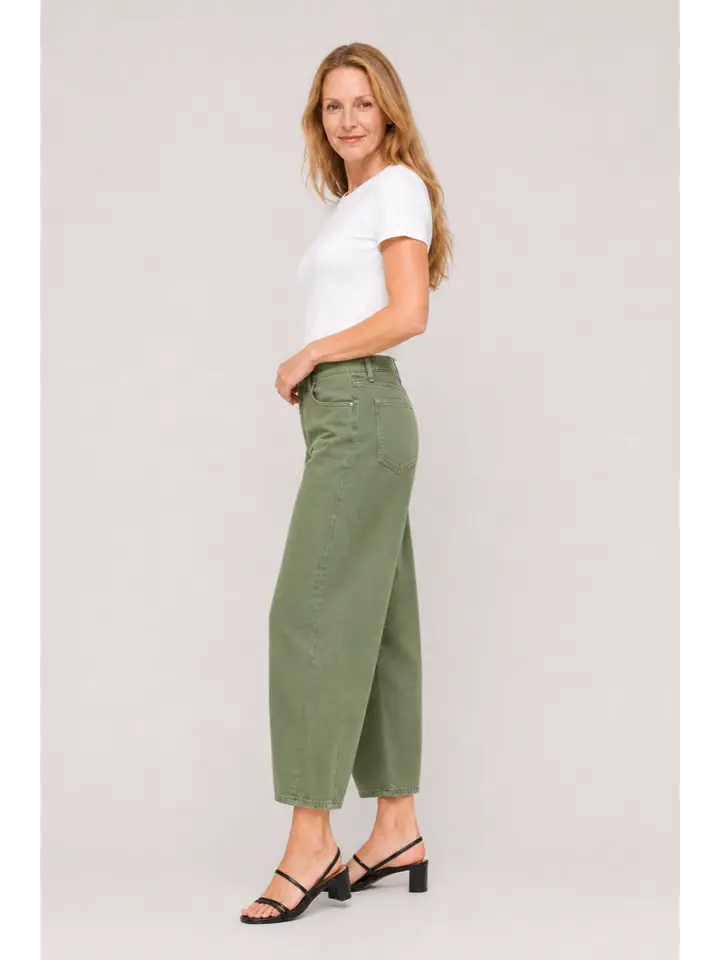 Elmore Horseshoe Barrel Jean, Washed Olive Green Denim