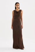 Woman wearing a brown sleeveless dress on a white background