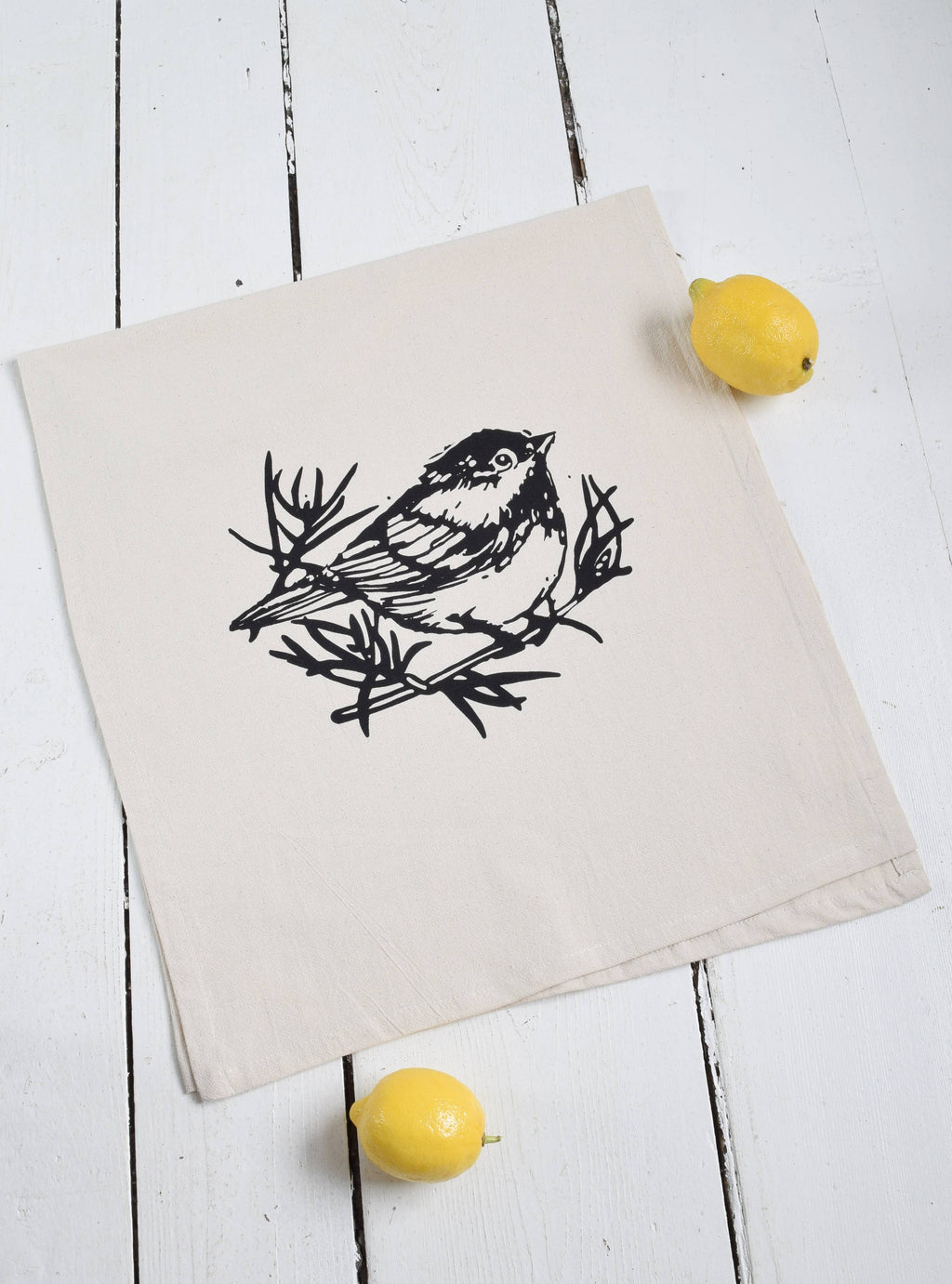Organic Cotton Chickadee Tea Towel in Black - Bird Print