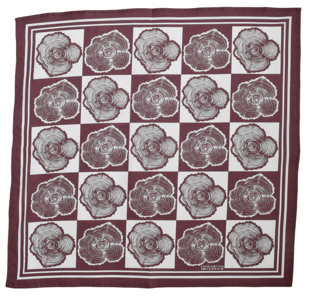 Tree Ring Bandana - 100% Cotton - Burgundy - Hand-printed
