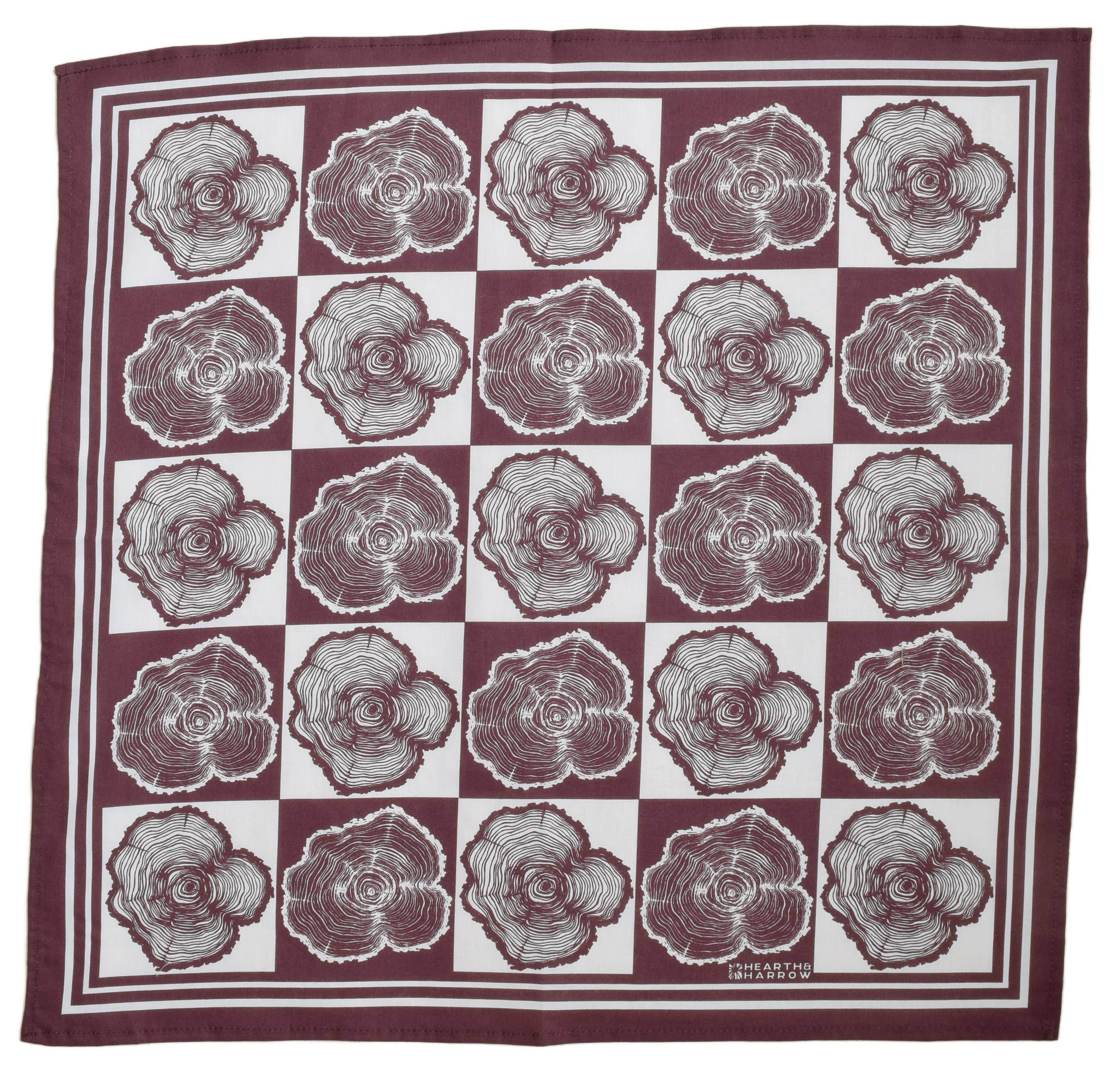 Tree Ring Bandana - 100% Cotton - Burgundy - Hand-printed