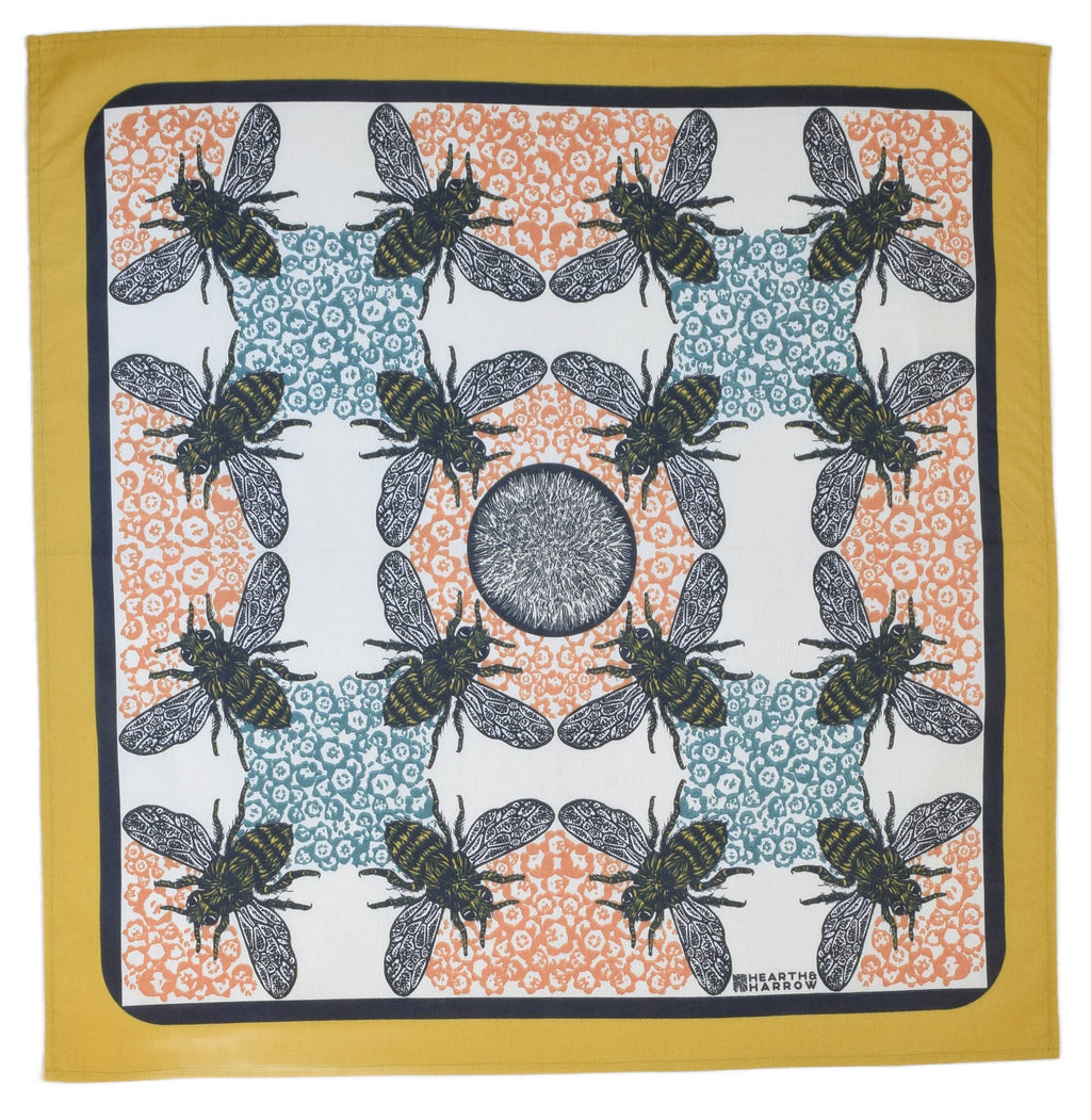 Honeybee Bandana - 100% Cotton - Yellow Teal - Hand Printed