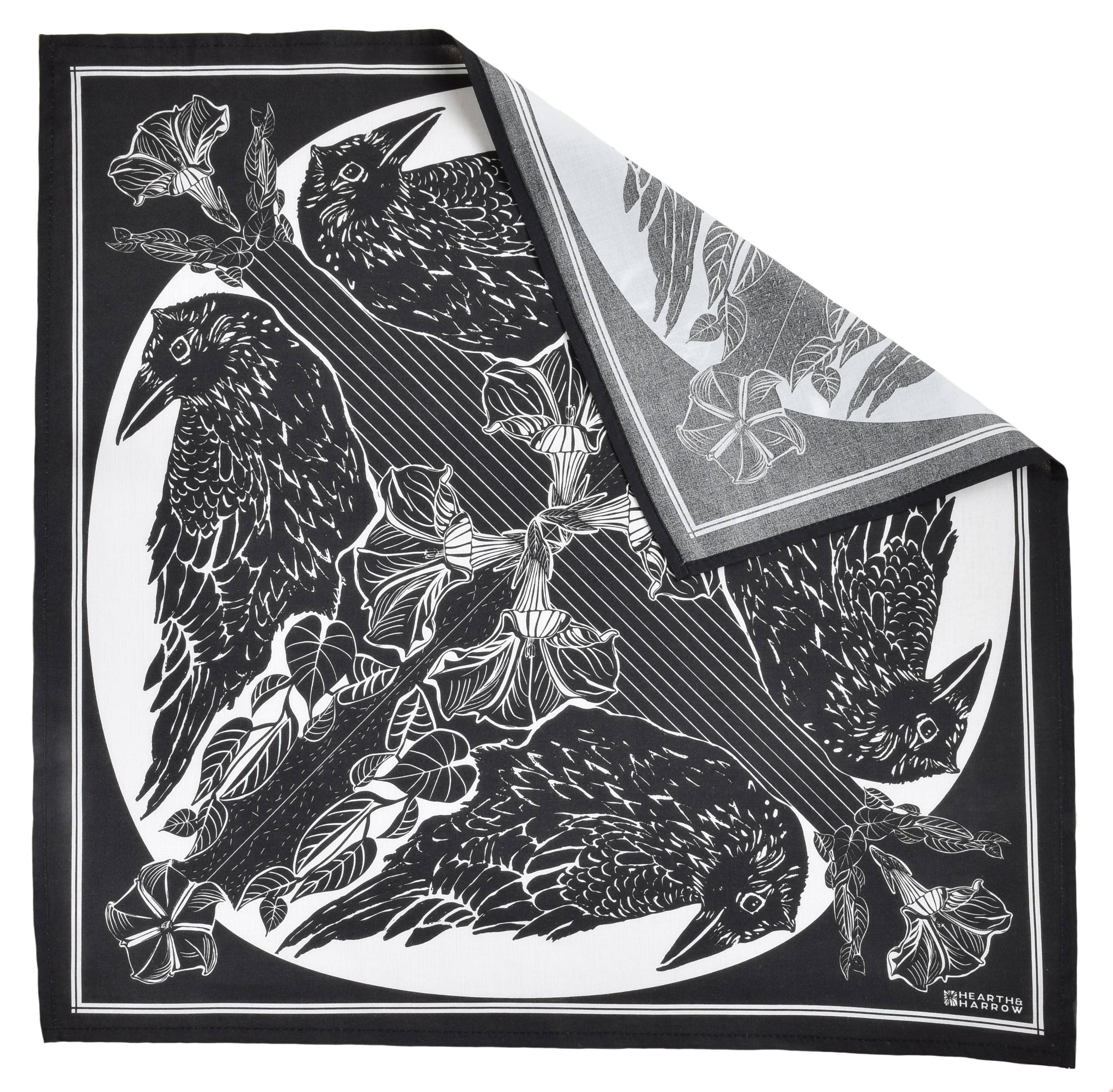 Crow Bandana - Dark Black - 100% Cotton - Bird Print Hanky