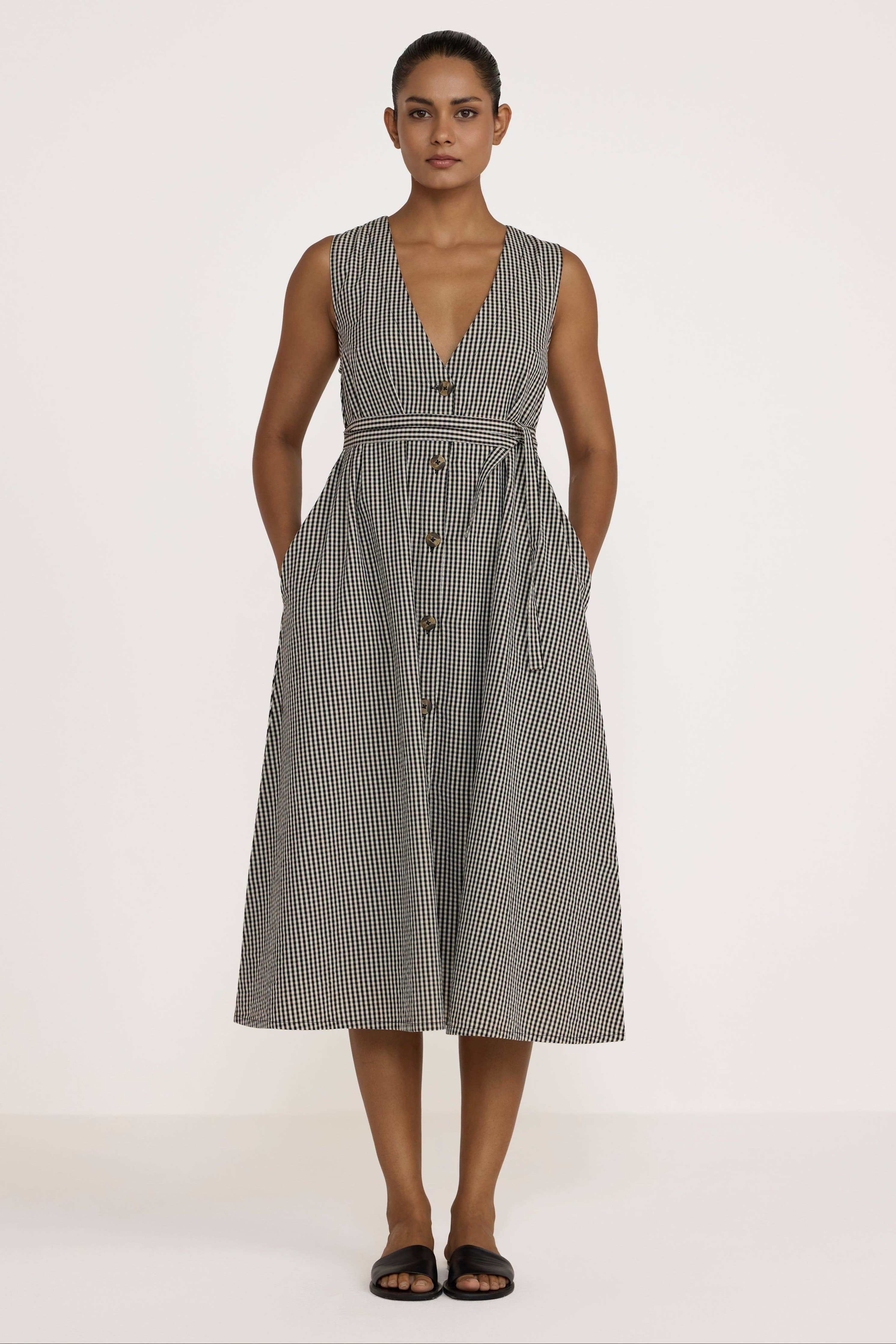 V Neck Midi Dress - Gingham