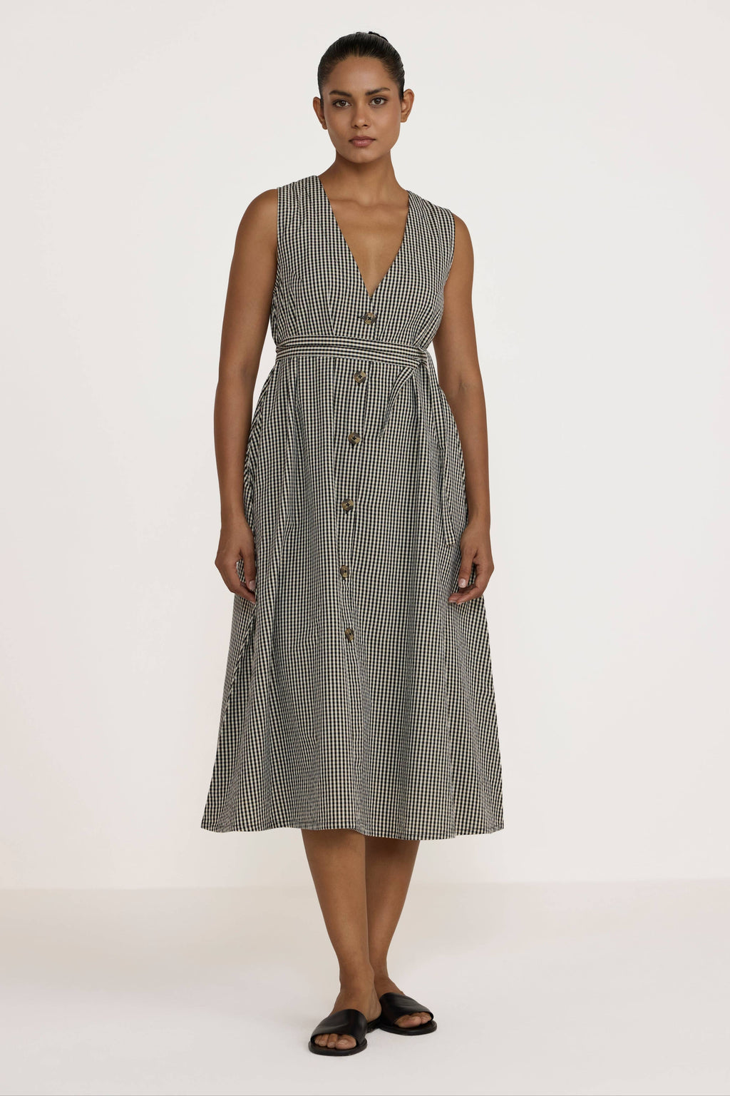 V Neck Midi Dress - Gingham