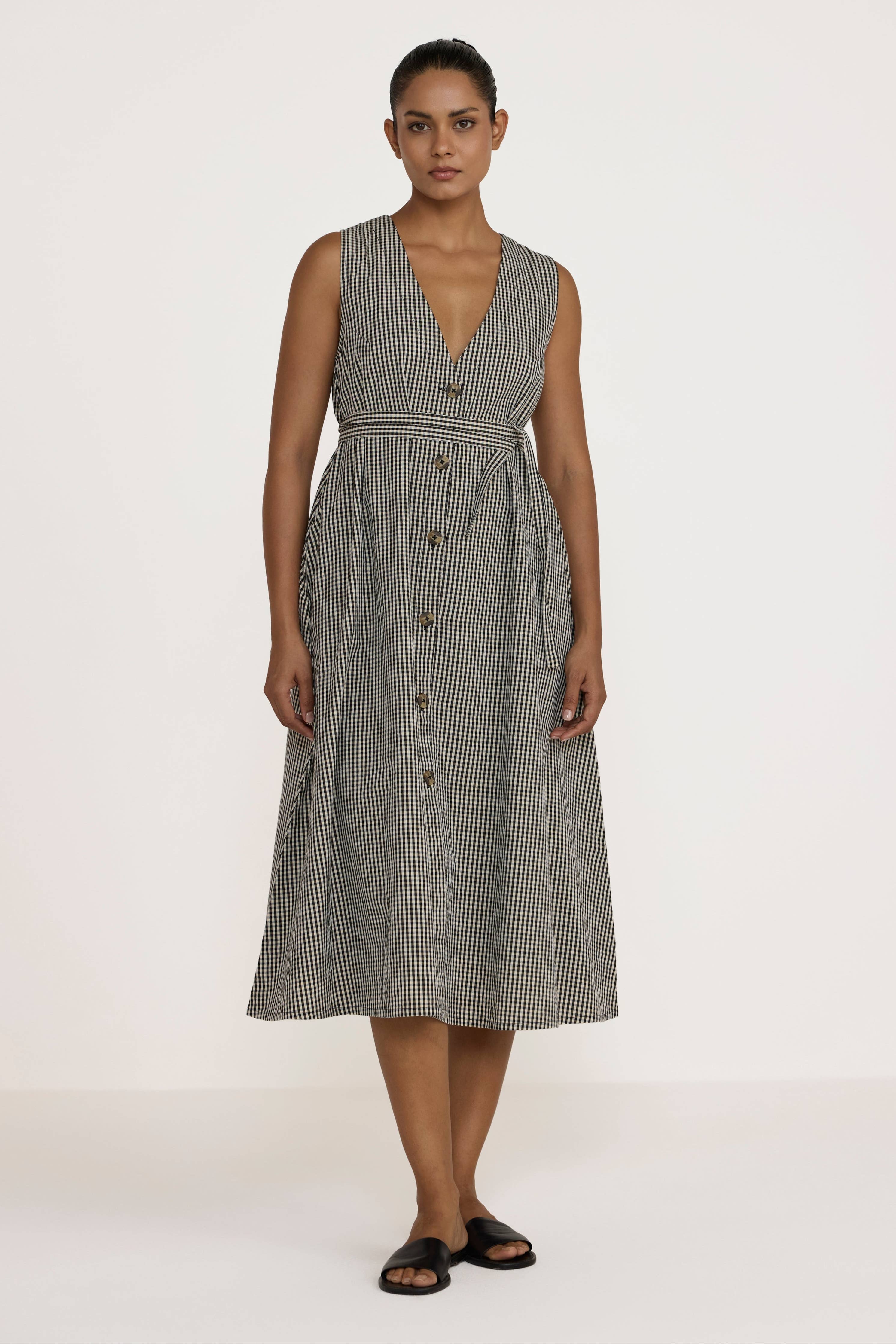 V Neck Midi Dress - Gingham