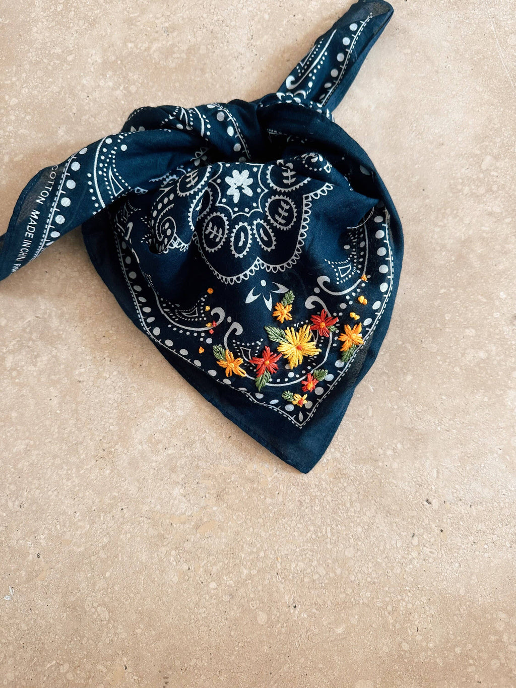Navy Bandana | Embroidered Flowers
