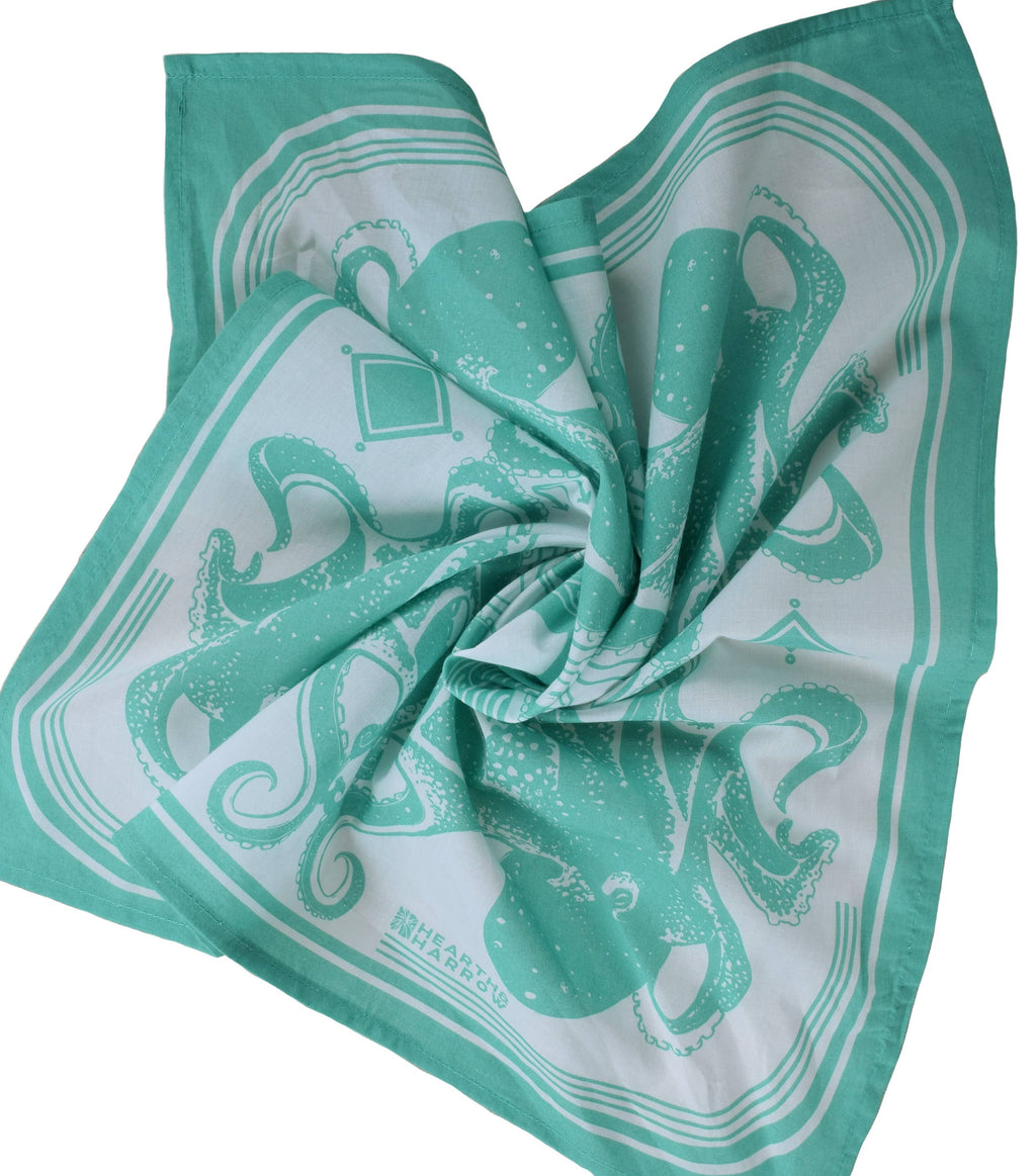 Octopus Bandana - 100% Cotton - Nautical Print - Mint Green