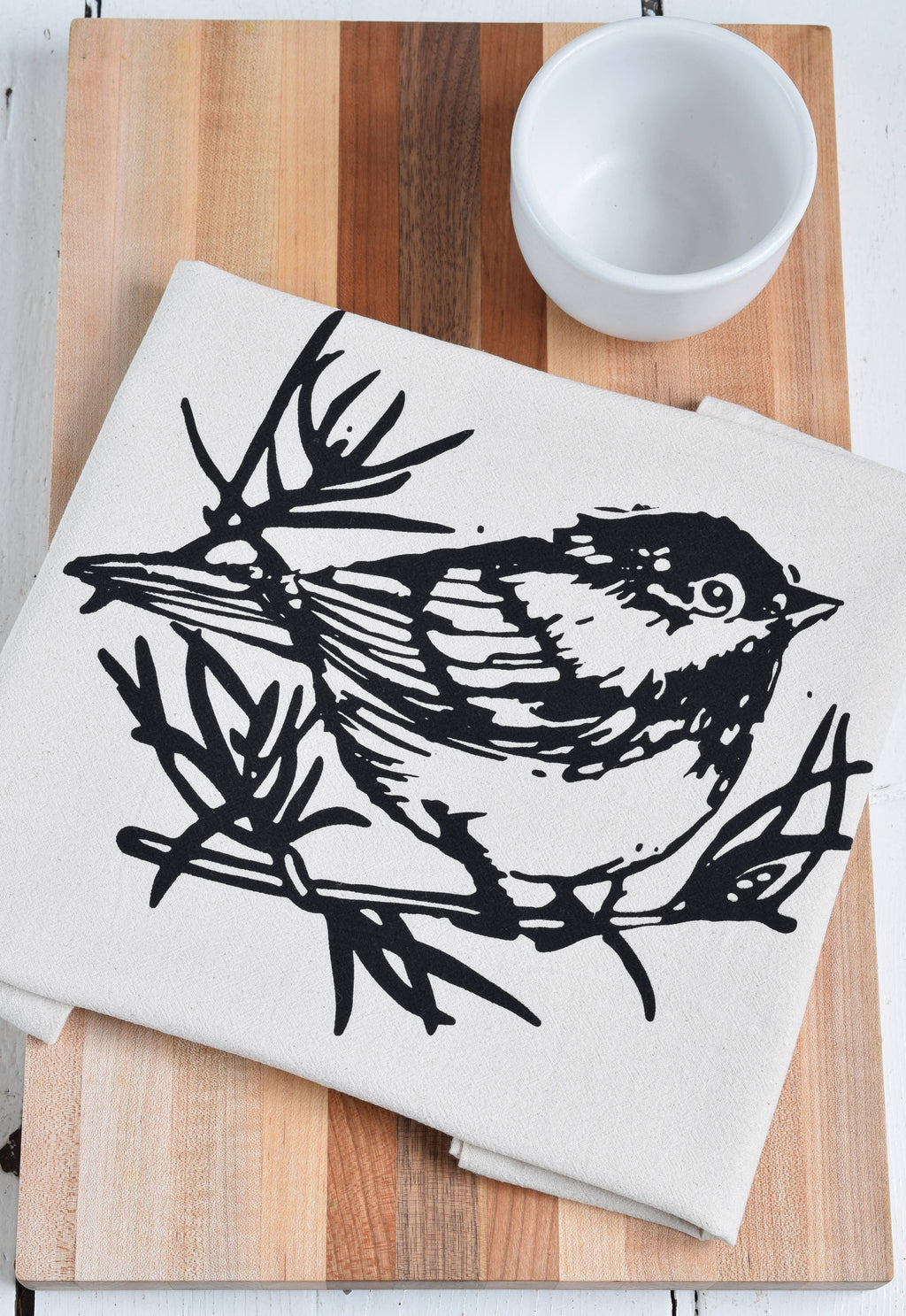 Organic Cotton Chickadee Tea Towel in Black - Bird Print