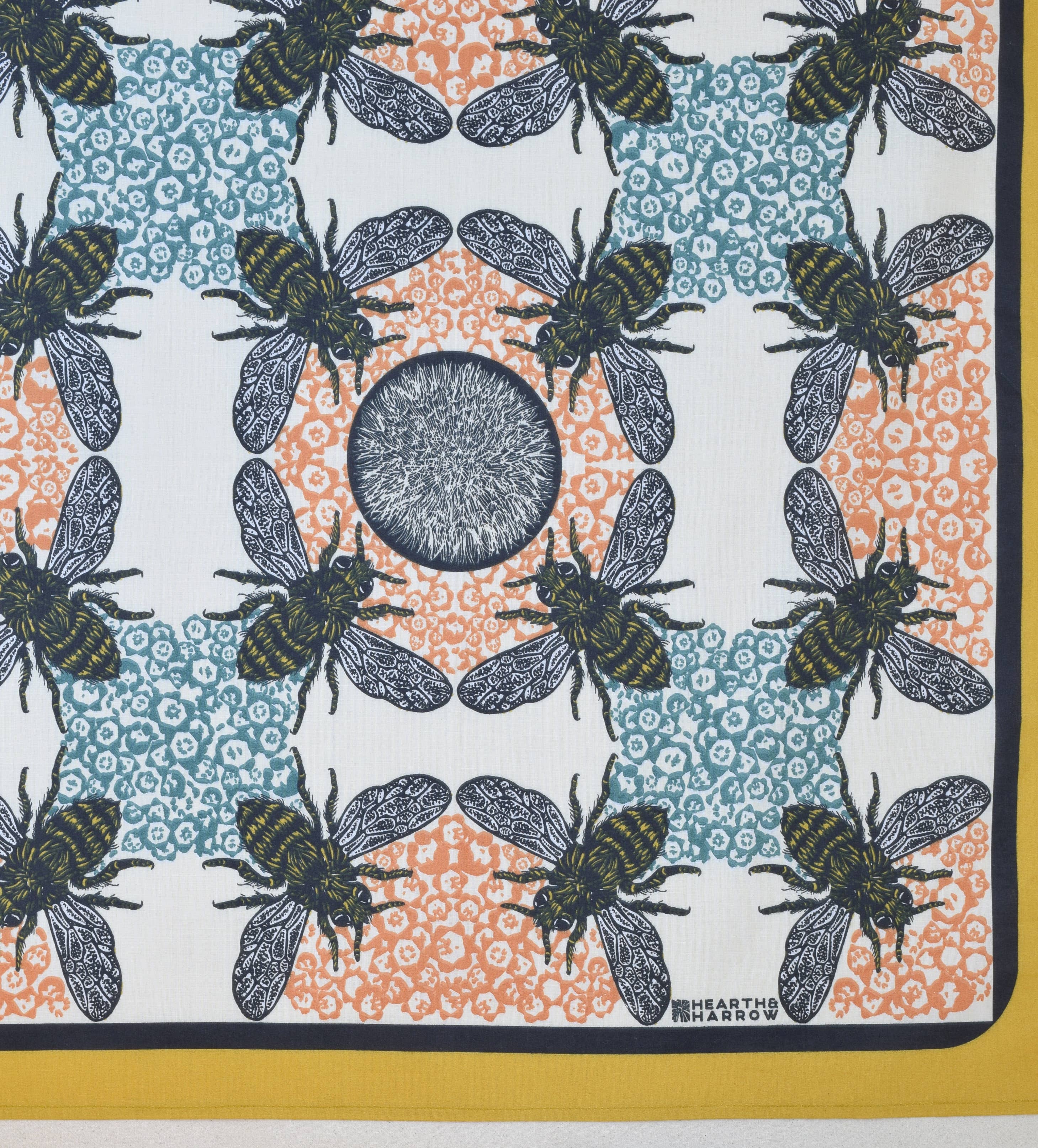 Honeybee Bandana - 100% Cotton - Yellow Teal - Hand Printed