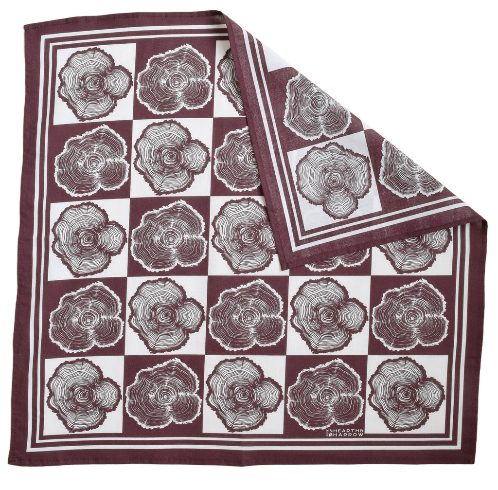 Tree Ring Bandana - 100% Cotton - Burgundy - Hand-printed