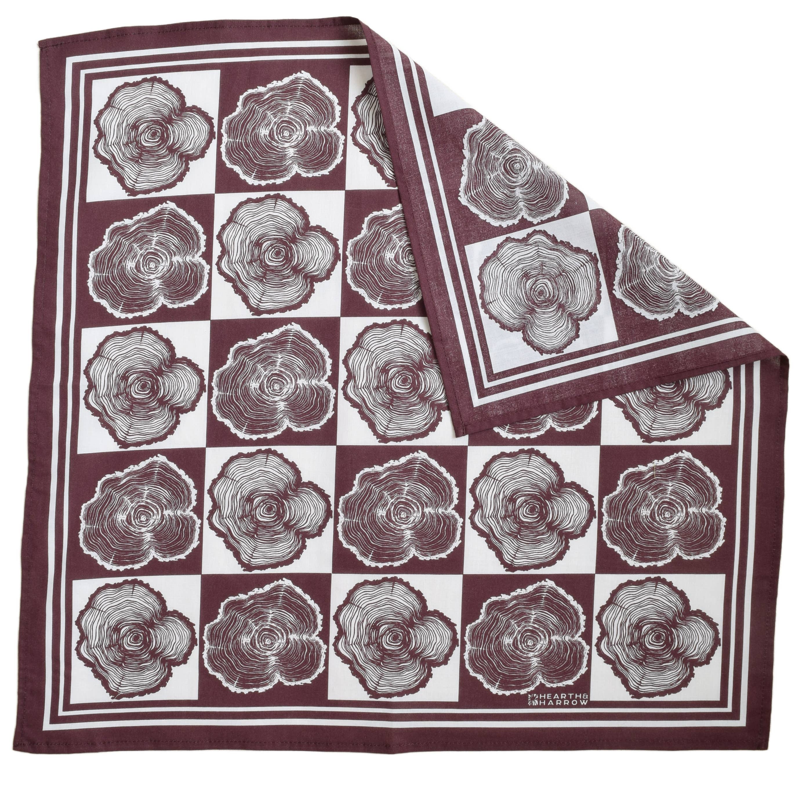 Tree Ring Bandana - 100% Cotton - Burgundy - Hand-printed