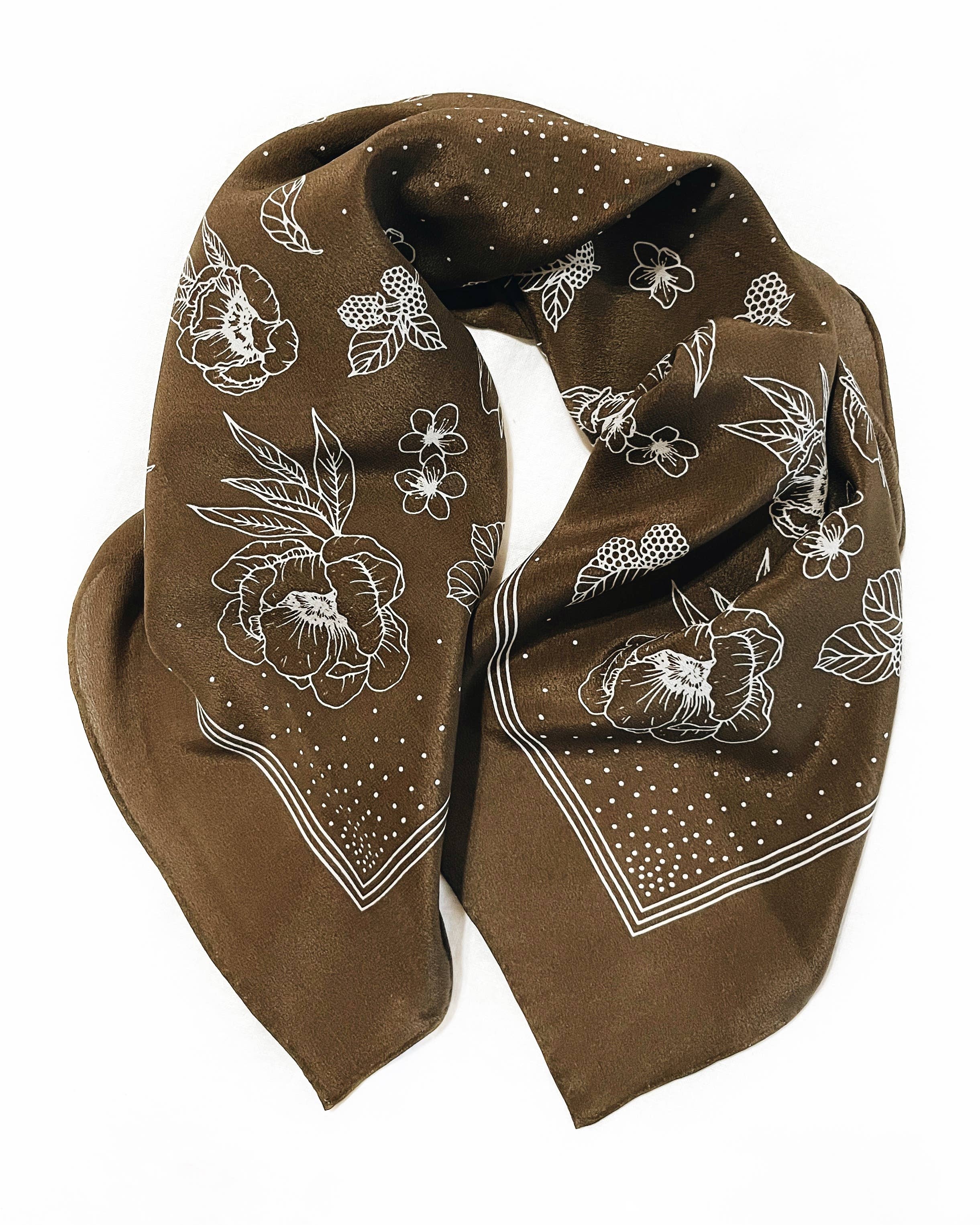 100% Silk Bandana Scarf - Classic Deep Olive Floral Western