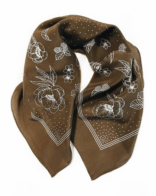 100% Silk Bandana Scarf - Classic Deep Olive Floral Western