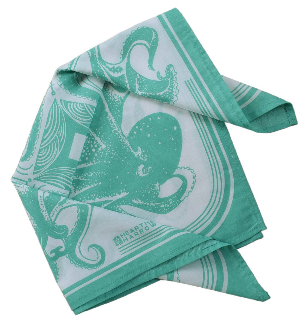 Octopus Bandana - 100% Cotton - Nautical Print - Mint Green