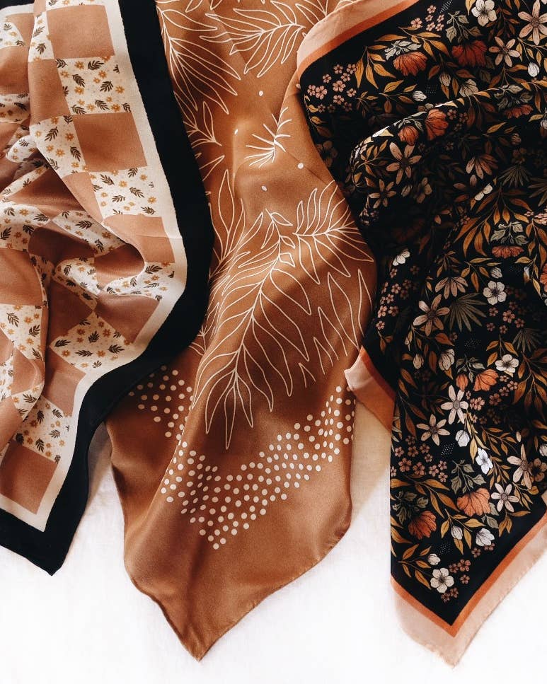 100% Silk Bandana Scarf - Tropical Palms Amber Western Style