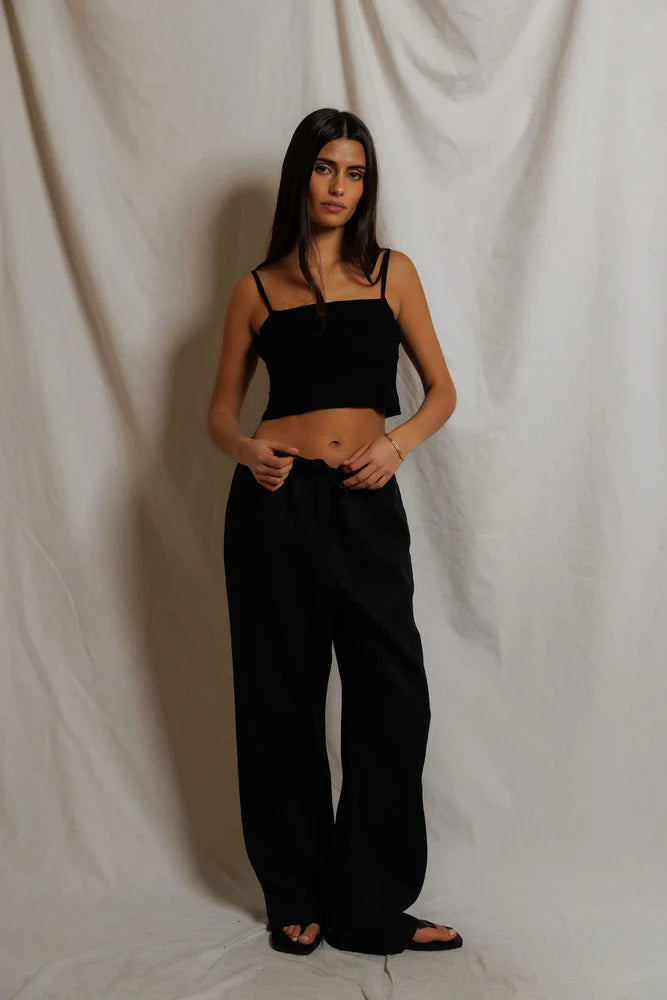 lorana linen drawstring pants | black