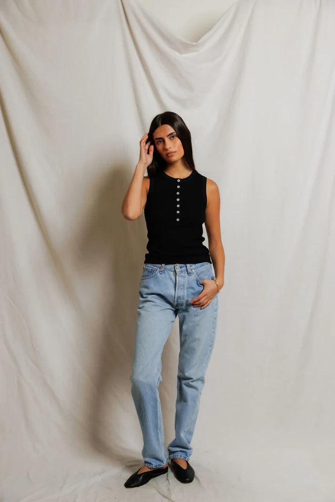 loretta luxe rib henley tank | black
