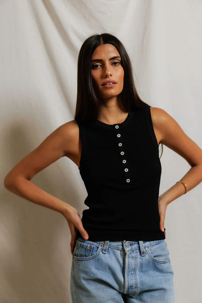 loretta luxe rib henley tank | black