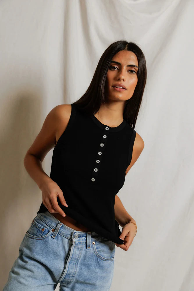 loretta luxe rib henley tank | black